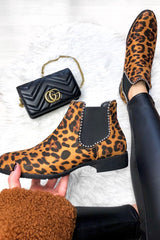 Leopard Print Stud Trim Chelsea Boots - Iness-Boots