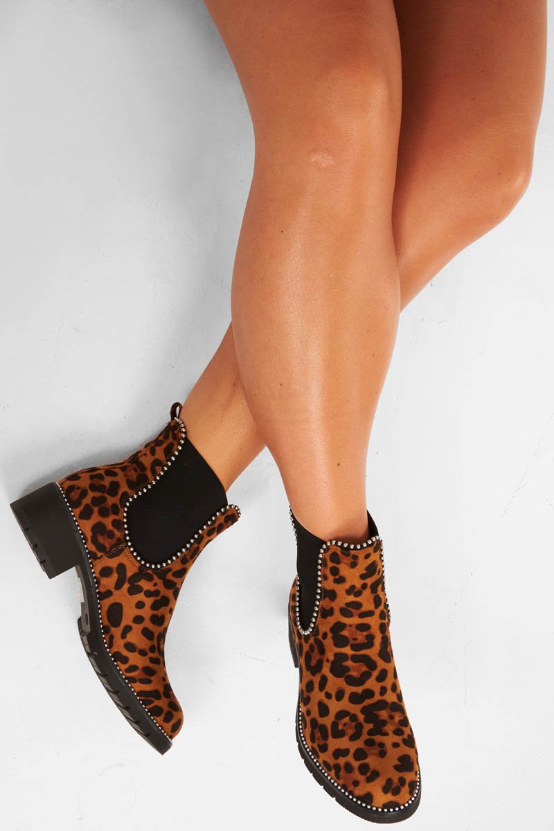 Leopard Print Stud Trim Chelsea Boots - Tensley-Boots
