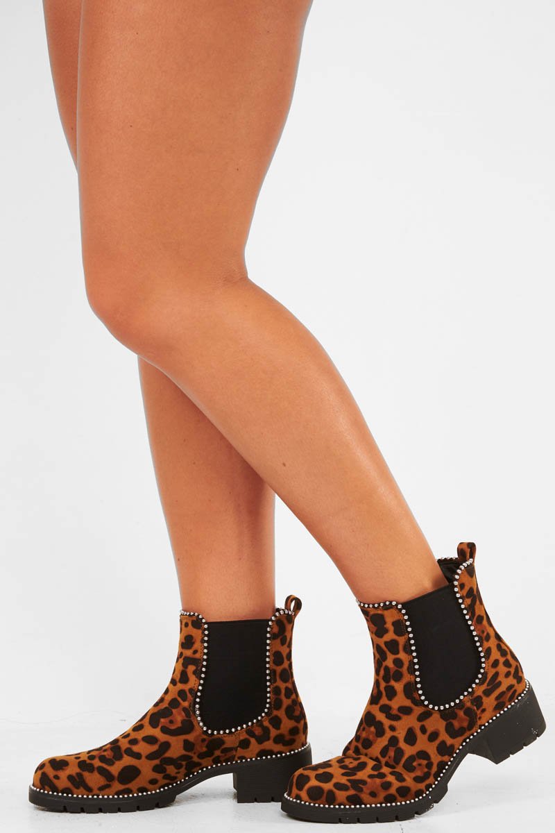 Leopard Print Stud Trim Chelsea Boots - Tensley-Boots