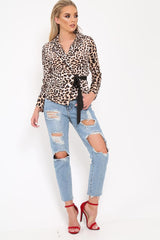 Leopard Print Wrap Over Ribbon Tie Top - Reginae-Tops