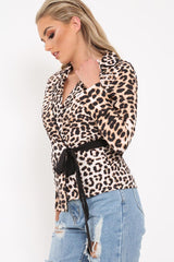 Leopard Print Wrap Over Ribbon Tie Top - Reginae-Tops