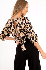 Leopard Satin Balloon Sleeve Tie Back Blouse - Dallyn-Tops