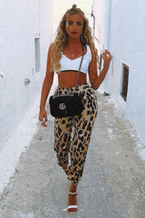 Leopard Satin Drawstring Cuff Joggers - Kaelie-Trousers