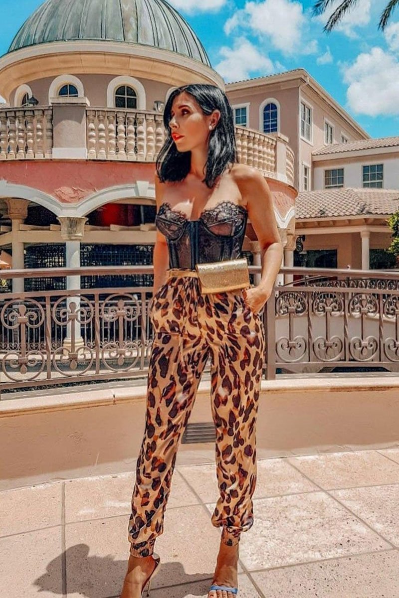 Leopard Satin Drawstring Cuff Joggers - Kaelie-Trousers