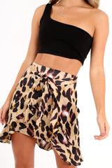 Leopard Satin Frill Tie Front Mini Skirt - Daizee-Skirts