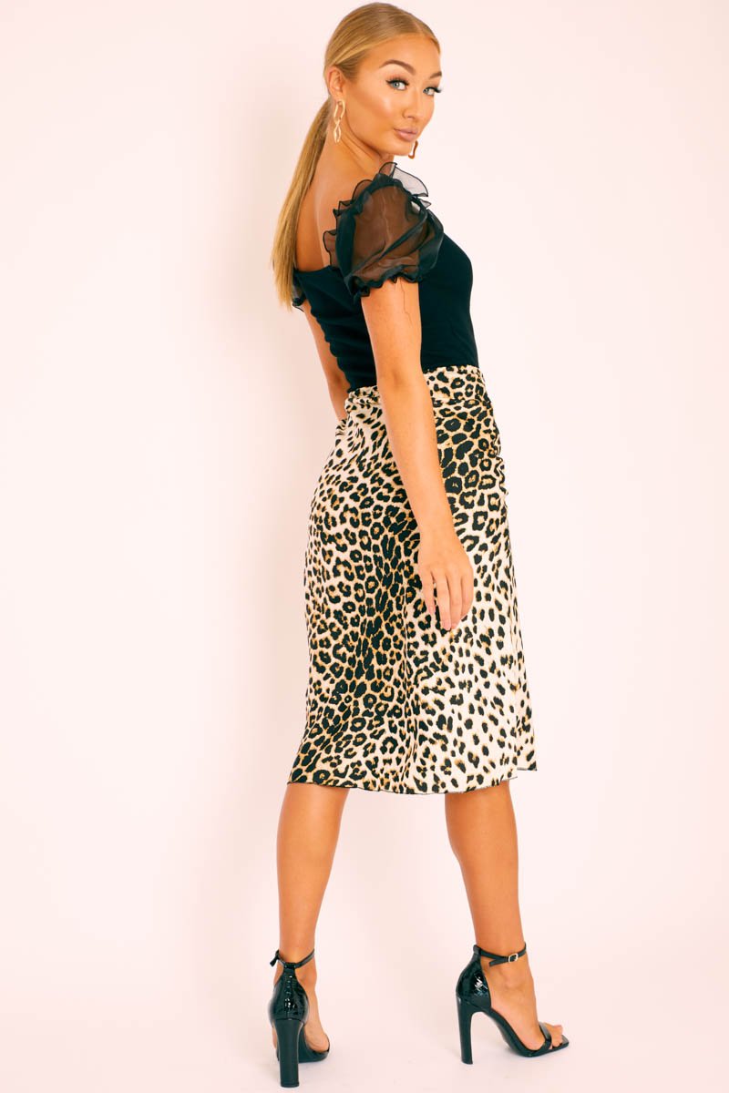 Leopard Satin High Waist Floaty Midi Skirt - Dasha-Skirts