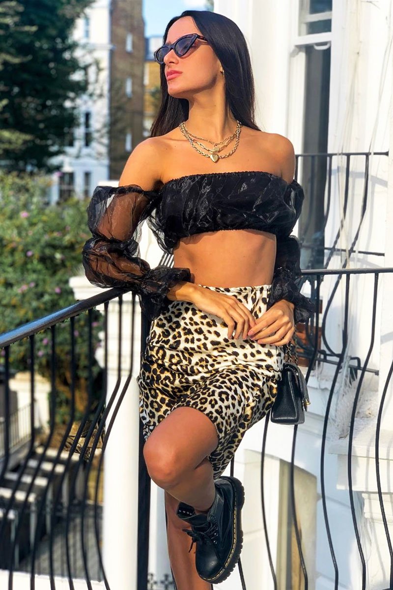 Leopard Satin High Waist Floaty Midi Skirt - Dasha-Skirts