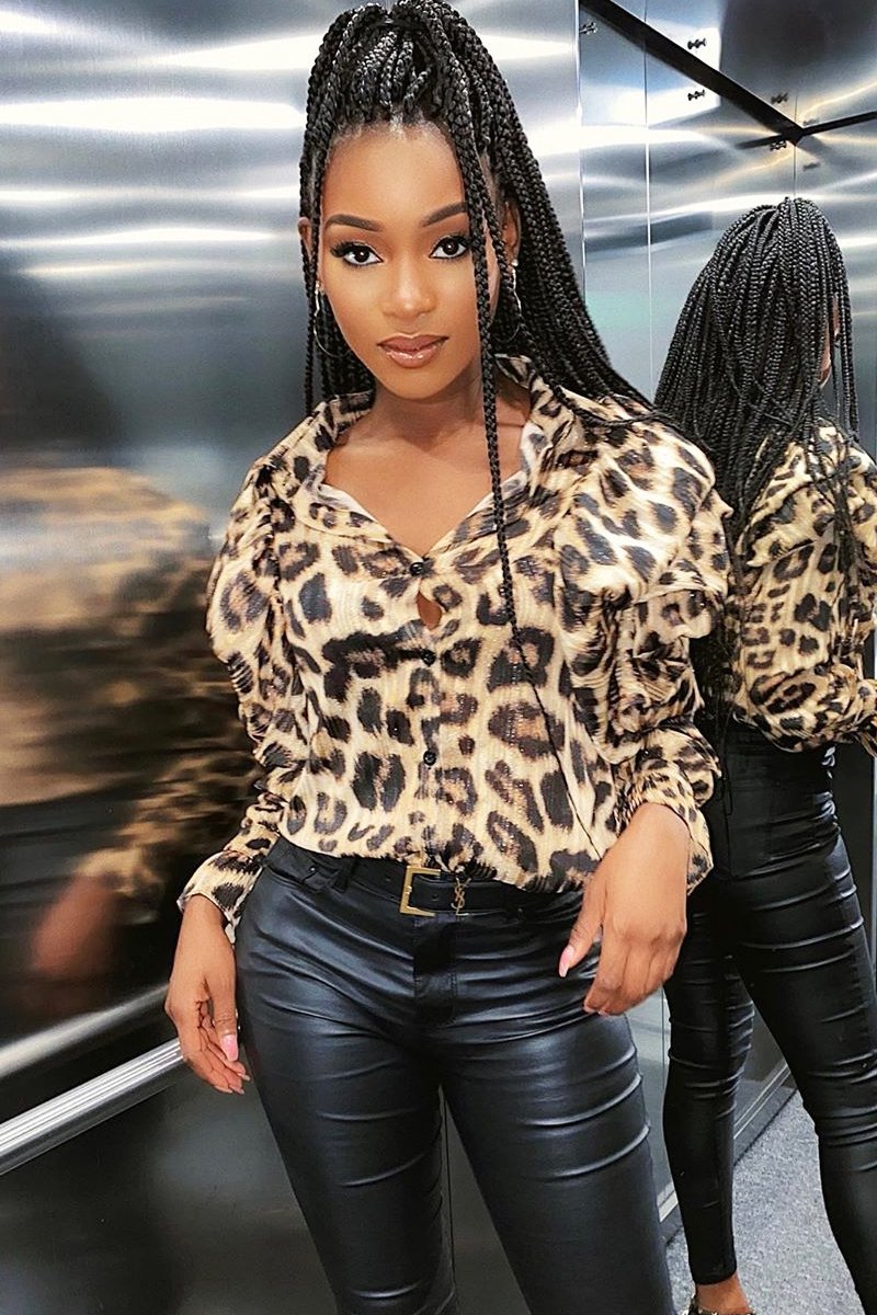 Leopard Sheer Ruffle Shoulder Shirt - Jacky-Shirts