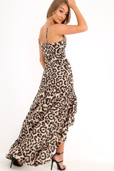 Leopard Split Front Ruffle Hem Maxi Dress - Kaela-Dresses