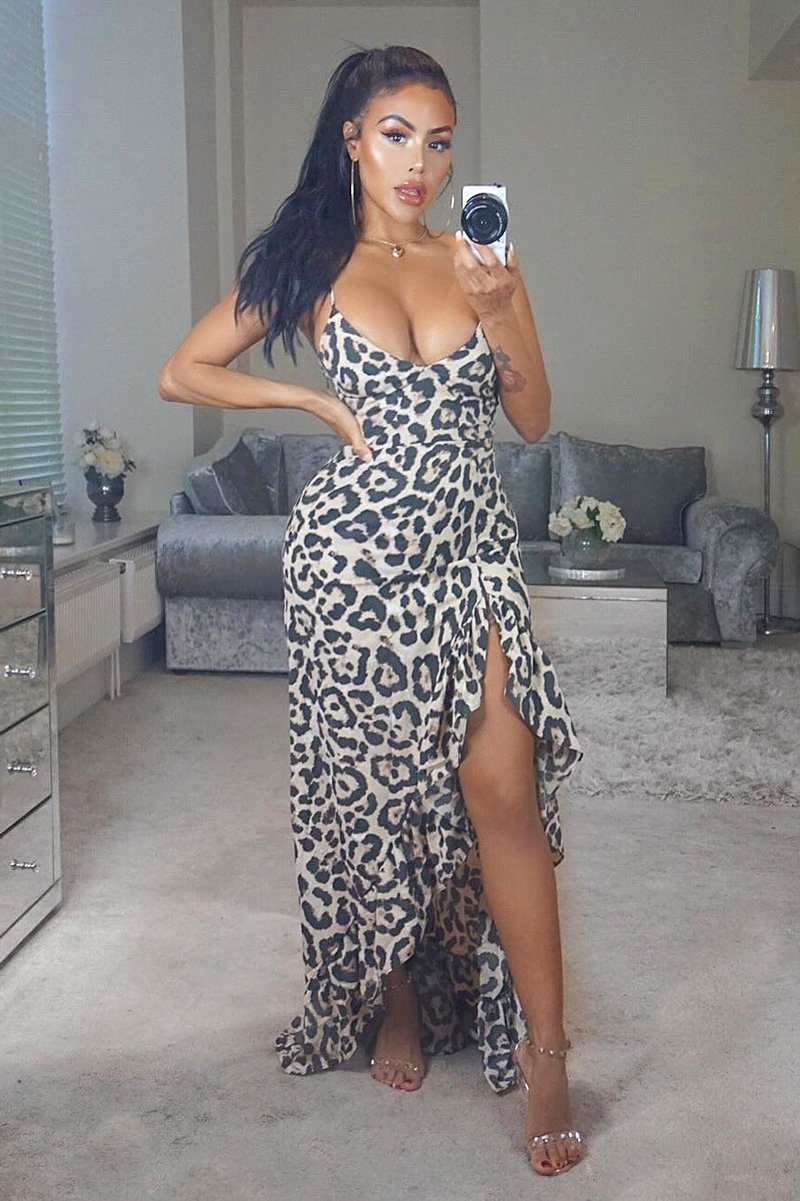 Leopard Split Front Ruffle Hem Maxi Dress - Kaela-Dresses