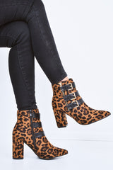 Leopard Triple Buckle Detail Ankle Boots - Ekaterina-Boots