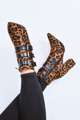 Leopard Triple Buckle Detail Ankle Boots - Ekaterina-Boots