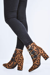 Leopard Triple Buckle Detail Ankle Boots - Ekaterina-Boots