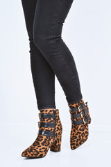 Leopard Triple Buckle Detail Ankle Boots - Ekaterina-Boots