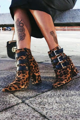 Leopard Triple Buckle Detail Ankle Boots - Ekaterina-Boots