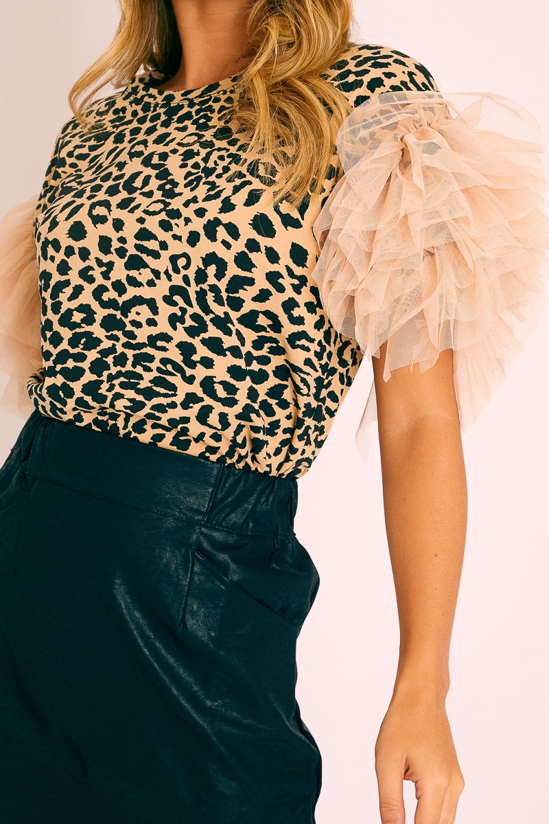 Leopard Tulle Sleeve T-shirt - Camella-T-shirt