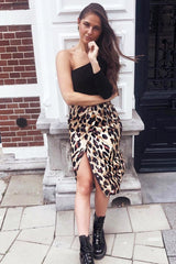 Leopard Wrap Tie Side Satin Midi Skirt - Mailah-Skirts