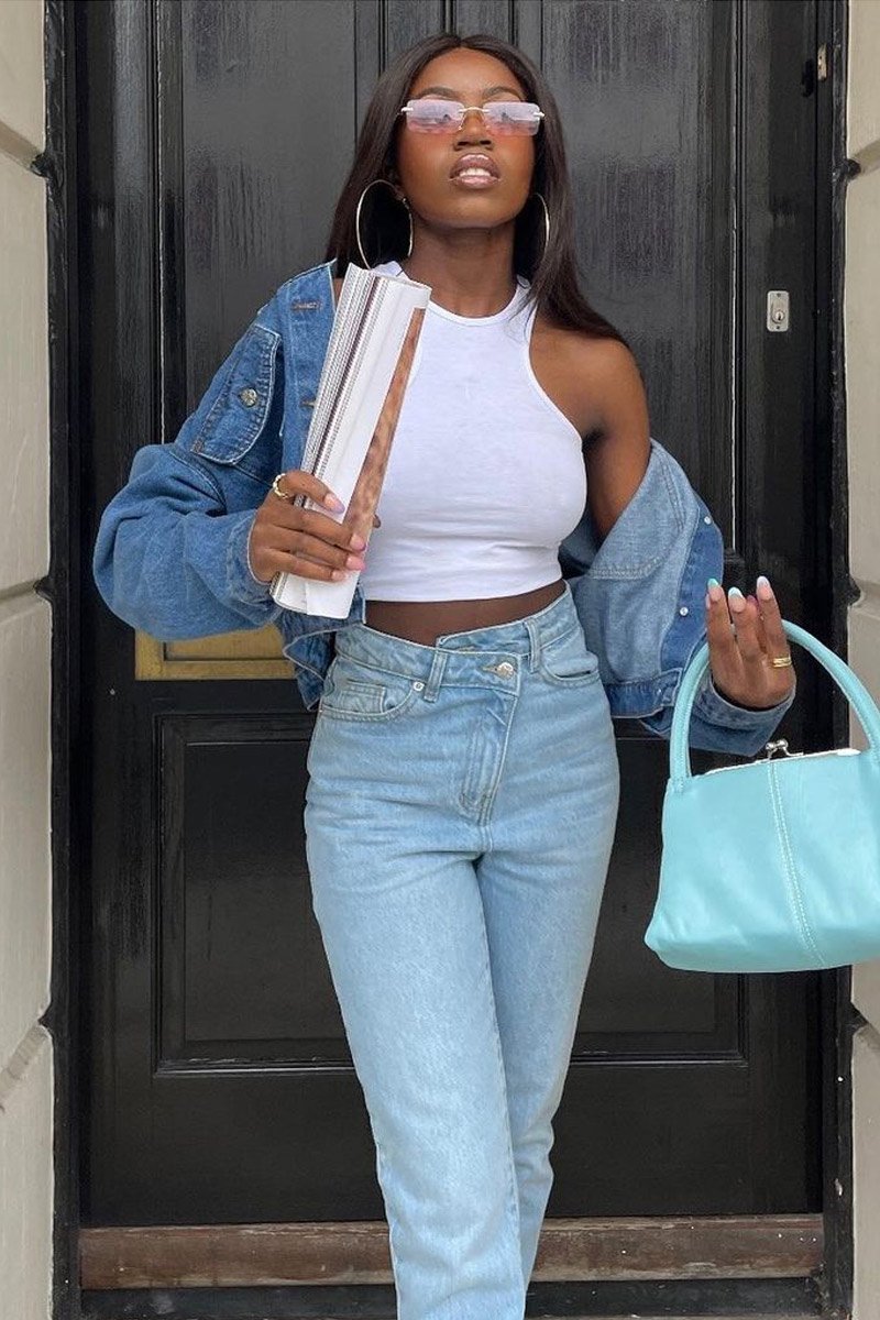 Light Blue Asymmetric Waist Straight Jeans - Galina-Jeans
