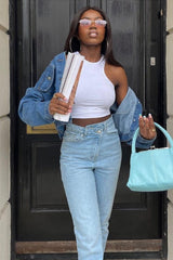 Light Blue Asymmetric Waist Straight Jeans - Galina-Jeans