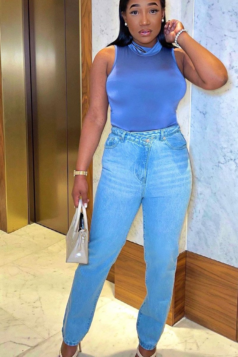 Light Blue Asymmetric Waist Straight Jeans - Galina-Jeans