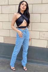 Light Blue Asymmetric Waist Straight Jeans - Galina-Jeans