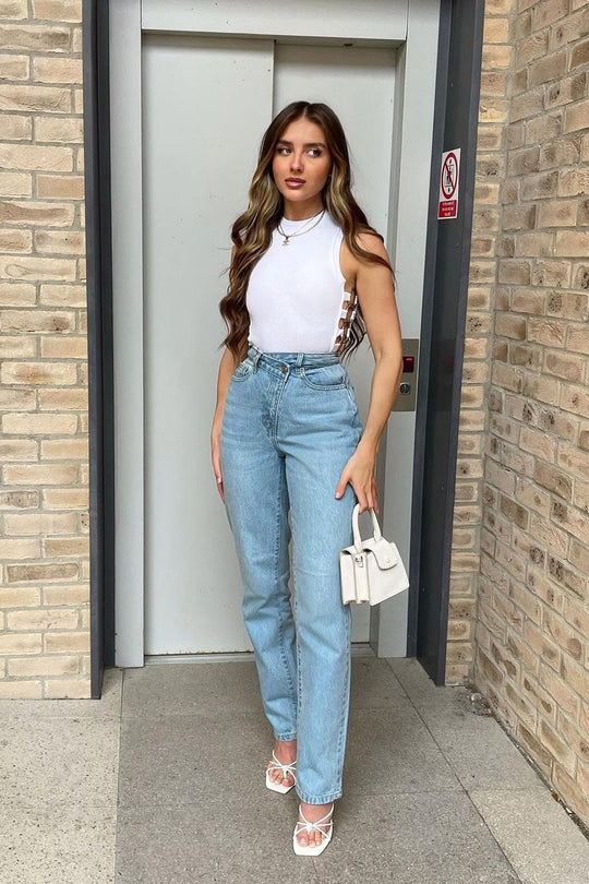 Light Blue Asymmetric Waist Straight Jeans - Galina