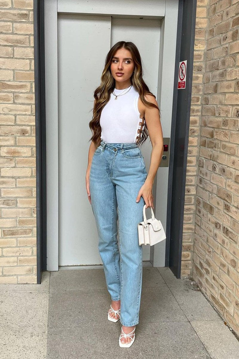 Light Blue Asymmetric Waist Straight Jeans - Galina-Jeans
