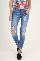 Light Blue Badge Distressed High Waisted Jeans - Leora-Jeans