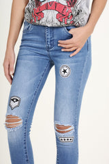 Light Blue Badge Distressed High Waisted Jeans - Leora-Jeans