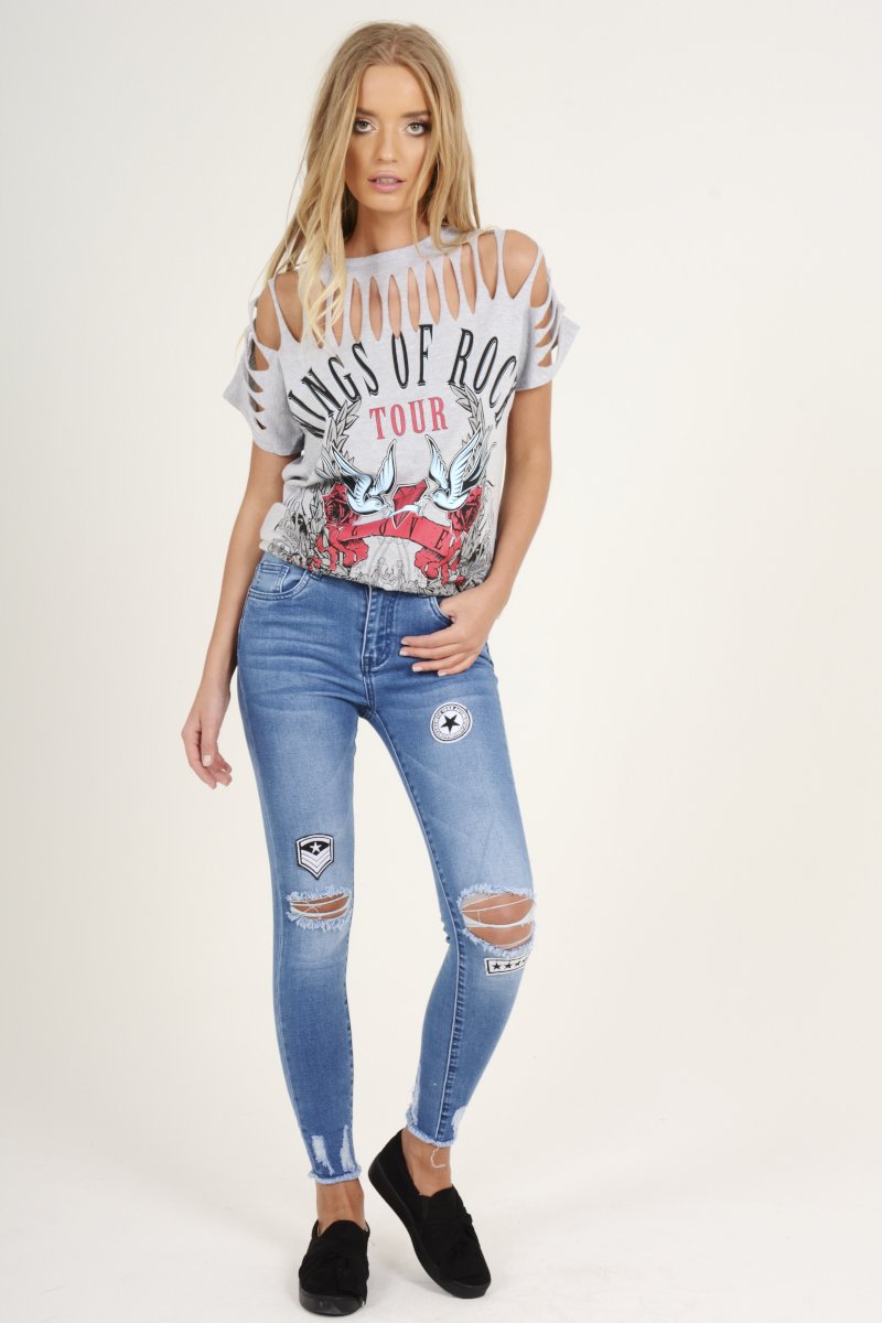 Light Blue Badge Distressed High Waisted Jeans - Leora-Jeans