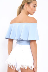 Light Blue Bardot Crop Top - Justine-Tops