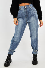 Light Blue Buckle Ankle Balloon Fit Jeans - Nicole-Jeans