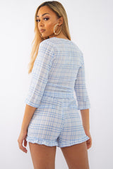 Light Blue Checked Crop Top and Frill Shorts - Vesa-Co-ords