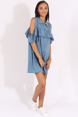Light Blue Cold Shoulder Denim Dress - Torrie-Dresses