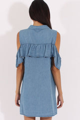 Light Blue Cold Shoulder Denim Dress - Torrie-Dresses