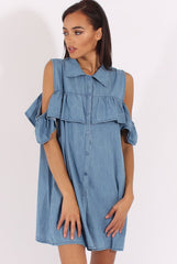 Light Blue Cold Shoulder Denim Dress - Torrie-Dresses