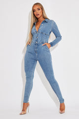 Light Blue Corset Waist Denim Jumpsuit - Posie-Jumpsuits