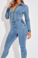 Light Blue Corset Waist Denim Jumpsuit - Posie-Jumpsuits