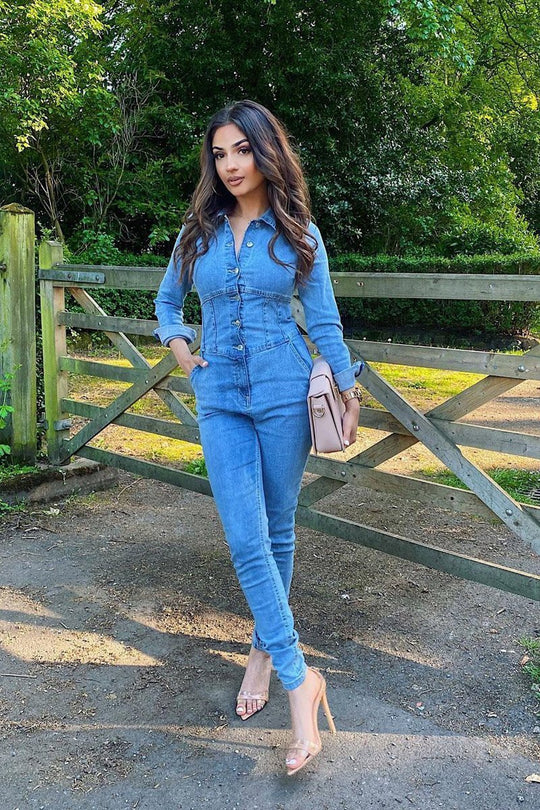 Light Blue Corset Waist Denim Jumpsuit - Posie