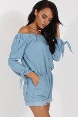 Light Blue Denim Bardot Denim Playsuit - Angelica-Playsuits