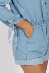 Light Blue Denim Bardot Denim Playsuit - Angelica-Playsuits