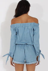 Light Blue Denim Bardot Denim Playsuit - Angelica-Playsuits