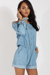 Light Blue Denim Bardot Denim Playsuit - Angelica-Playsuits