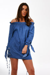 Light Blue Denim Bardot Mini Dress - Elisha-Dresses