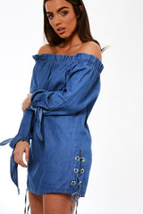 Light Blue Denim Bardot Mini Dress - Elisha-Dresses