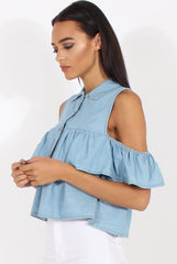 Light Blue Denim Cold Shoulder Top - Elizabeth-Tops