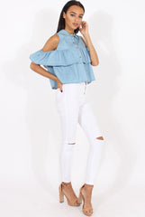 Light Blue Denim Cold Shoulder Top - Elizabeth-Tops