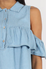 Light Blue Denim Cold Shoulder Top - Elizabeth-Tops