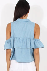 Light Blue Denim Cold Shoulder Top - Elizabeth-Tops
