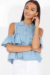 Light Blue Denim Cold Shoulder Top - Elizabeth-Tops